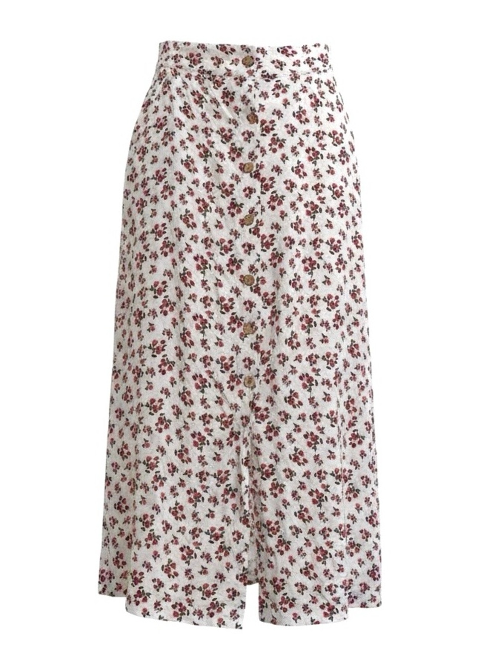 Linen Floral Button-Down Skirt - Red and White